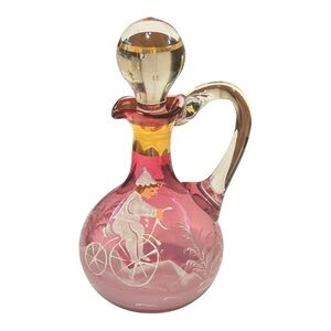 Mary Gregory Vintage  Hand-Painted Pink Cranberry Glass Cruet with boy Cyclist.